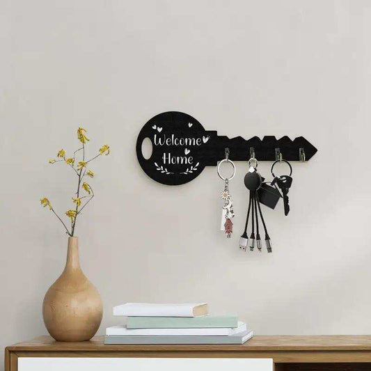 Vintage wooden key shaped wall hook with Welcome Home text for rustic decor and key storage