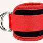 red ankle strap resistance band with metal D-ring and black padding for fitness training
