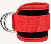 red ankle strap resistance band with metal D-ring and black padding for fitness training