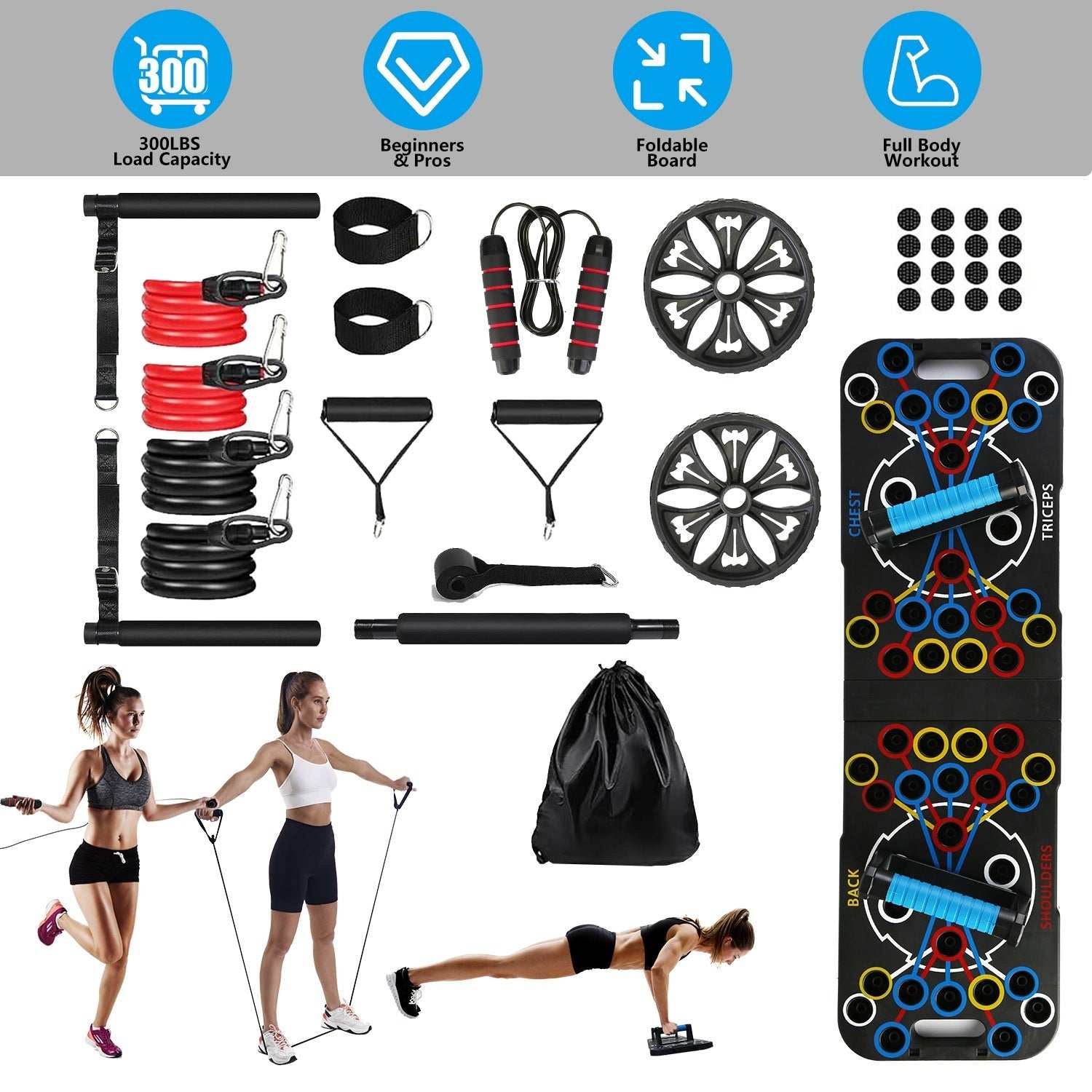 Multifunctional Push Up Board Home Strength Training Equipment With 15 Fitness Accessories Pilates Bar Resistance Band Roller Wheel Full Body Workout Home Gym Equipment - The Peppermint Room
