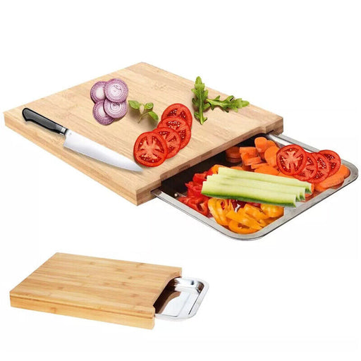 Bamboo Cutting Board – With Sliding Steel Tray