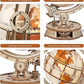 Close-up details of Rokr Luminous Globe 3D wooden model showing magnifier, transmission gear, latitude control knob, and time zone module