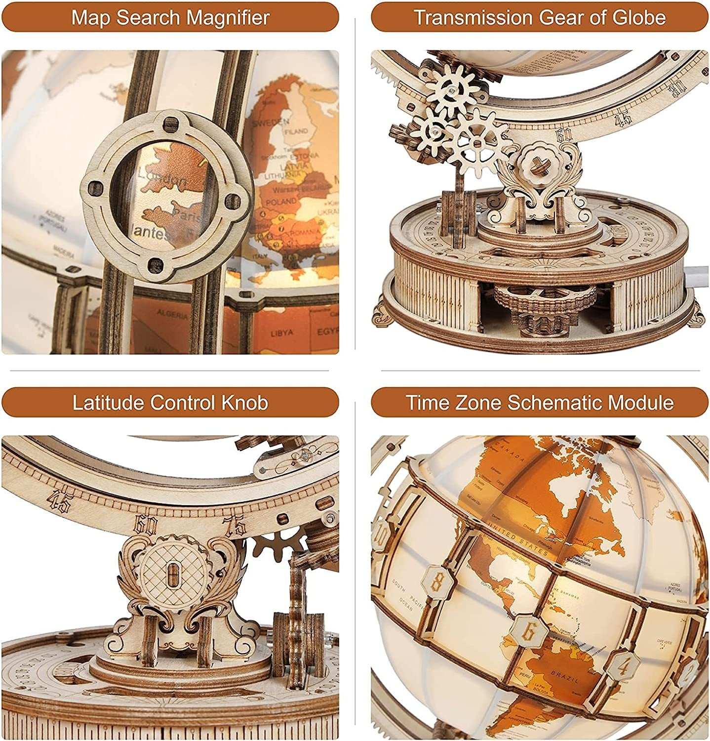 Close-up details of Rokr Luminous Globe 3D wooden model showing magnifier, transmission gear, latitude control knob, and time zone module