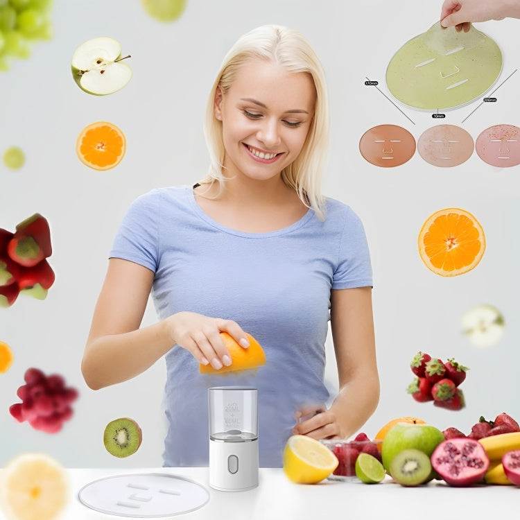 Woman using DIY automatic facial fruit vegetable mask maker with fresh fruits around for skin rejuvenation
