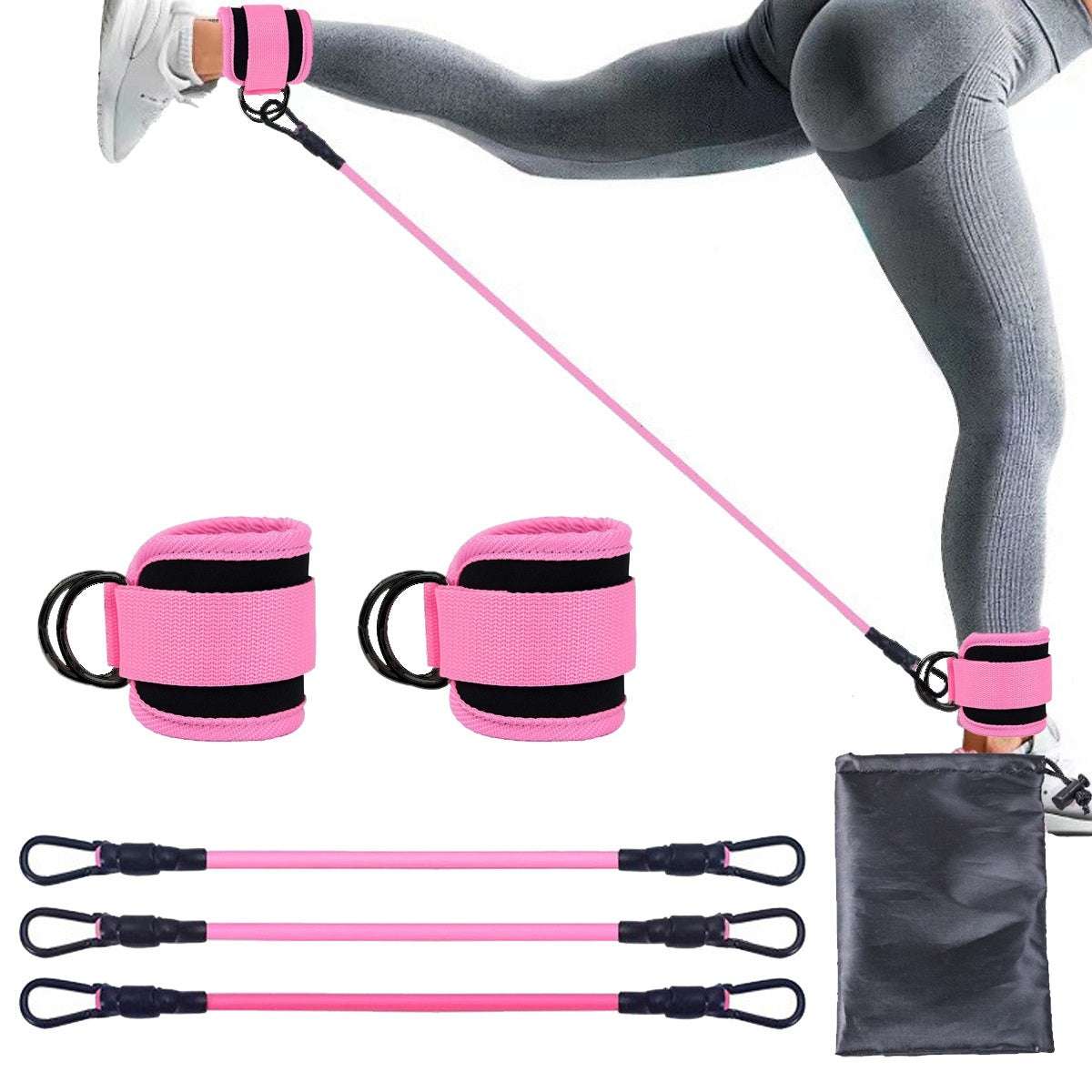 Pink ankle strap resistance bands with adjustable elastic pull ropes for leg and hip strength training and home workouts