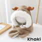 Khaki plush cute deer hat with antlers and attached scarf for children winter warmth