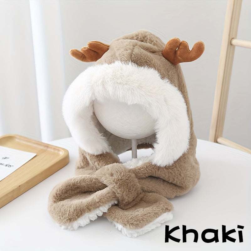 Khaki plush cute deer hat with antlers and attached scarf for children winter warmth