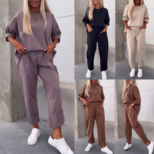 Two-piece Solid Color Round Neck Cropped Pants Set - The Peppermint Room