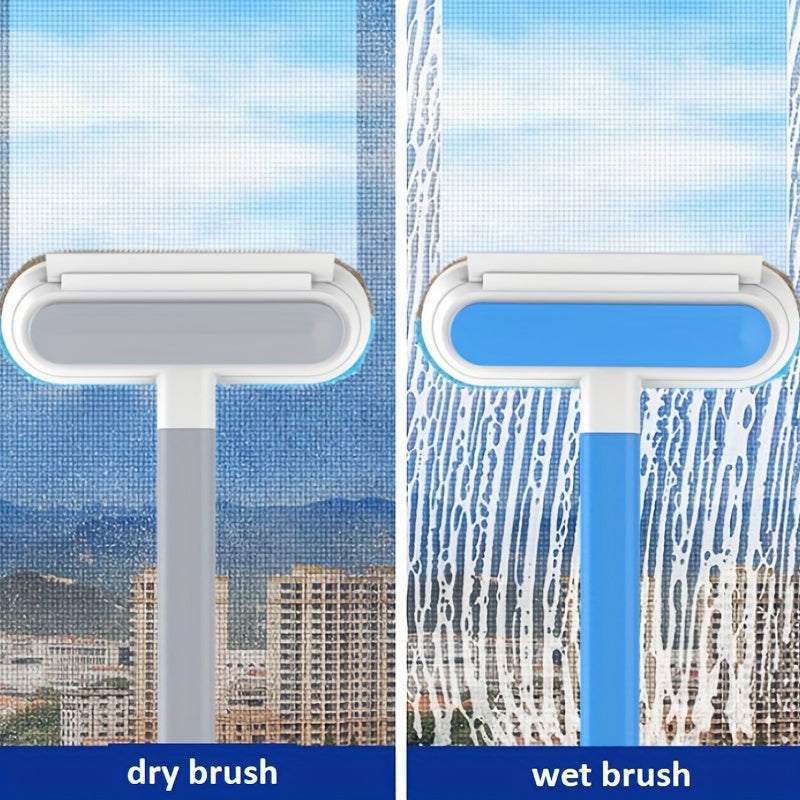 Multi-functional window cleaning brush with dry and wet brush sides for streak-free window cleaning at home