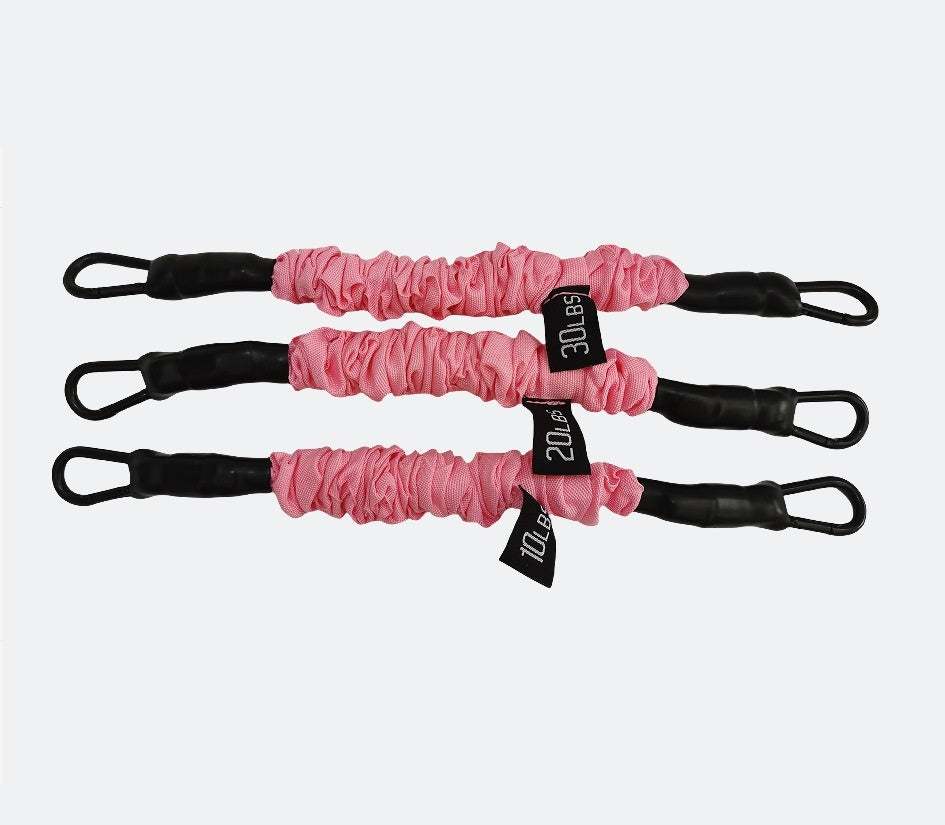 Set of three pink ankle strap resistance bands with black loops and weight labels for fitness training