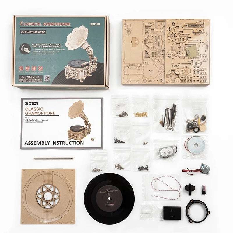 Robotime ROKR DIY wooden gramophone puzzle kit with all parts and assembly instructions