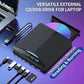 External USB 3.0 DVD CD RW writer drive with 7-in-1 features for laptops and PCs including USB hub and card readers.