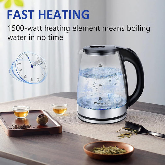Electric Kettle Water Boiler, 1.8L Electric Tea Kettle, Wide Opening Hot Water Boiler With LED Light, Auto Shut-Off & Boil Dry Protection, Glass Black - The Peppermint Room