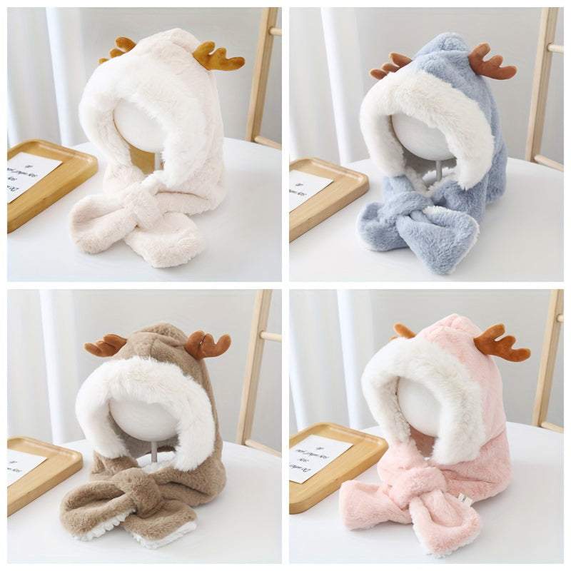 Cute Deer Hat for children with plush fleece, warm scarf, and antler design in multiple colors