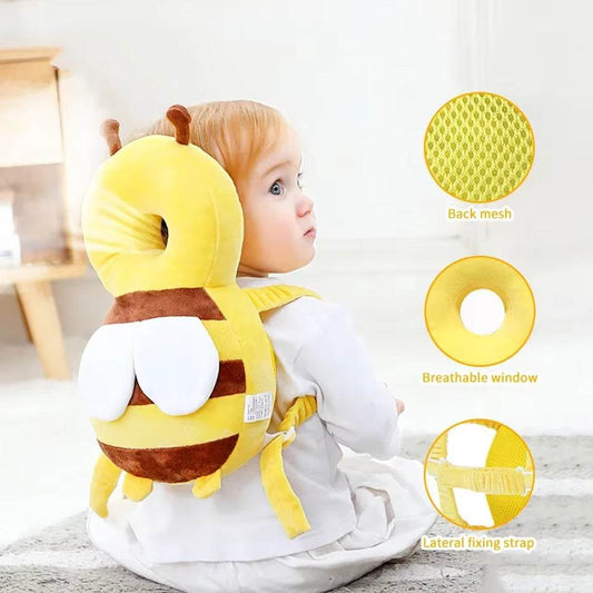 Baby wearing yellow bee head back protector pillow with breathable mesh and adjustable straps for safety and comfort