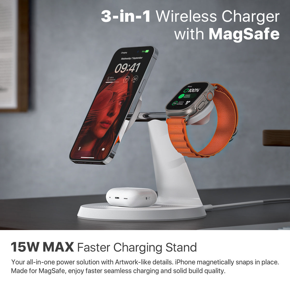 3 In 1 Wireless MagSafe Charging Station For Multiple Devices 30W Adapter Included - The Peppermint Room