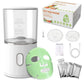 White DIY automatic facial fruit vegetable mask maker machine with silicone plates, collagen sachets, USB Type-C charging cable, and user manual for home skincare use