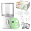 White DIY automatic facial fruit vegetable mask maker machine with silicone plates, collagen sachets, USB Type-C charging cable, and user manual for home skincare use