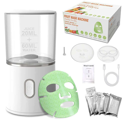 White DIY automatic facial fruit vegetable mask maker machine with silicone plates, collagen sachets, USB Type-C charging cable, and user manual for home skincare use