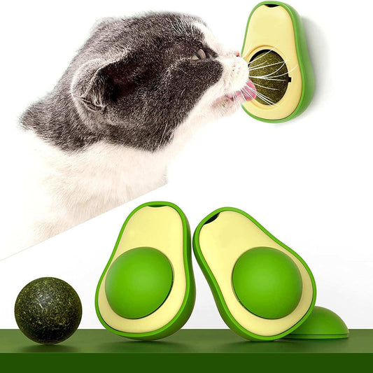 Cat playing with avocado-shaped catnip toy mounted on wall with two additional avocado catnip toys and silvervine ball on green surface
