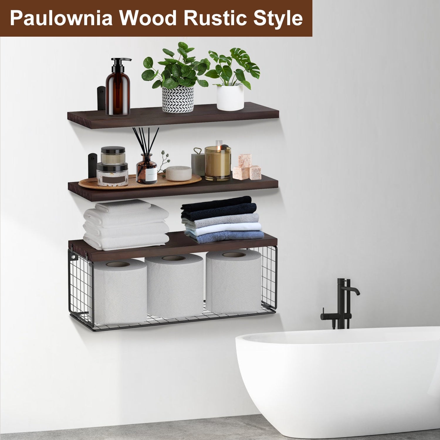2 In 1 Floating Shelves Wall Mounted With Storage Basket Bathroom Shelves Over Toilet Wooden Shelves For Bedroom Living Room Kitchen Office Wall Decor Plants - The Peppermint Room