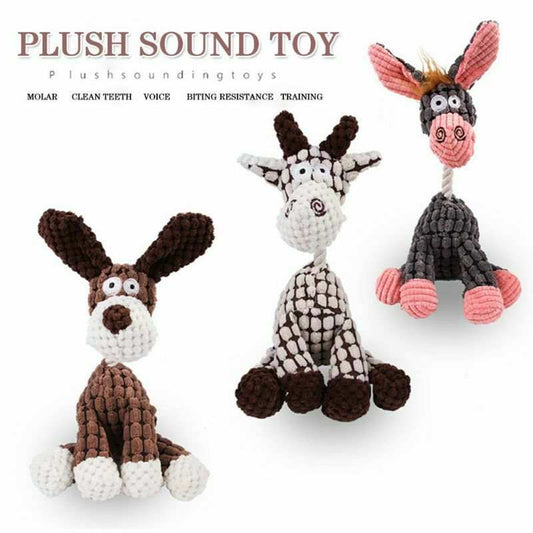Set of three plush dog toys in animal shapes with squeakers for chewing and teeth cleaning
