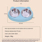 Double stainless steel dog bowls with non-slip resin stand for food and water, suitable for small to medium pets.