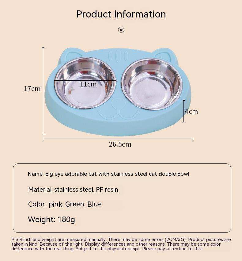 Double stainless steel dog bowls with non-slip resin stand for food and water, suitable for small to medium pets.