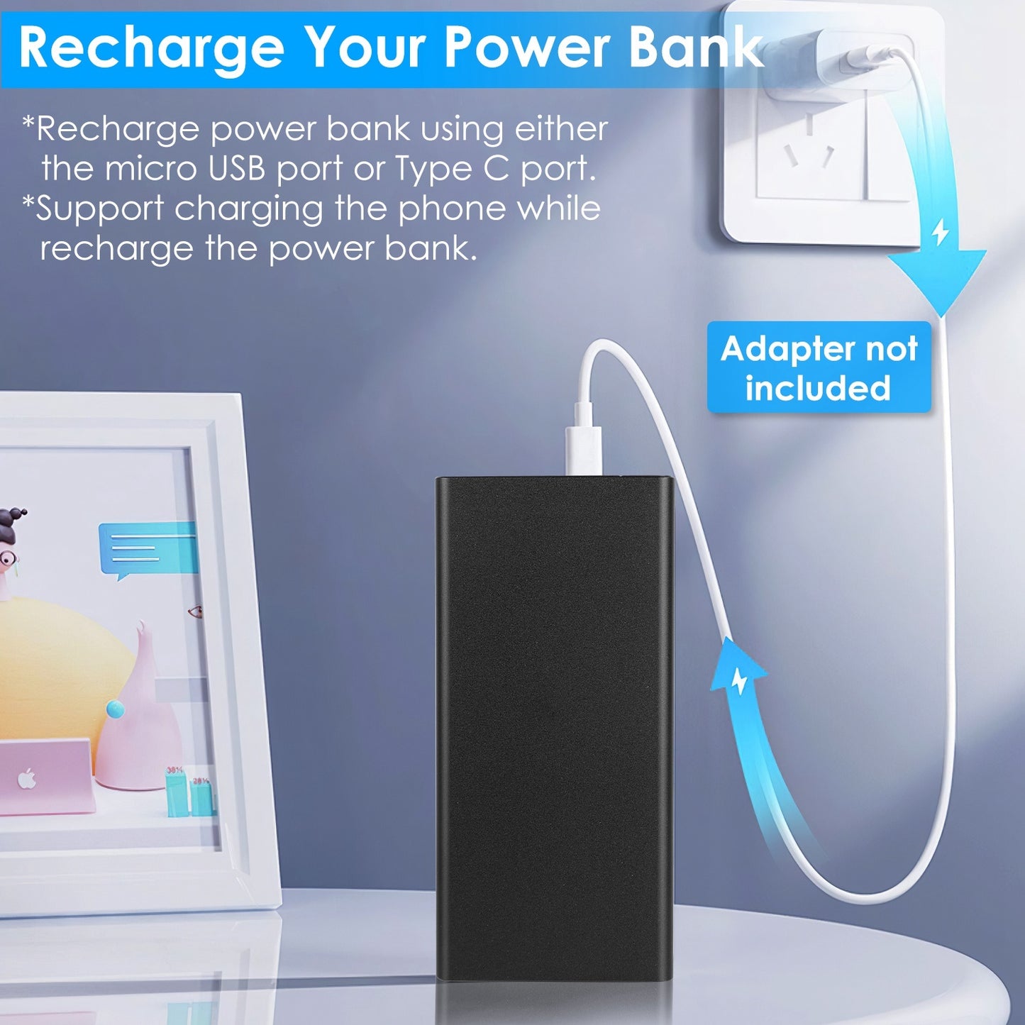 1Pc 20000mAh Power Bank Portable External Battery Pack Phone Charger With Dual USB Output Type C Micro USB Input - The Peppermint Room