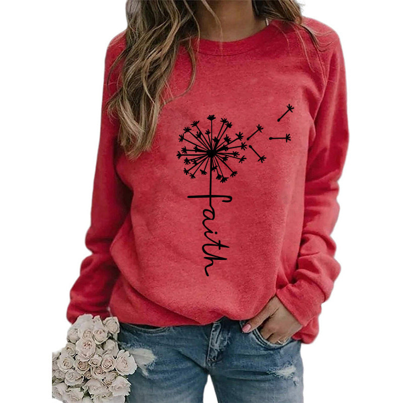 Women's Top Dandelion Print Round Neck Long-sleeved Loose Sweater Women - The Peppermint Room