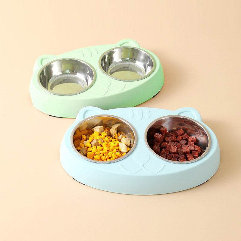 Double dog bowls with stainless steel removable bowls and non-slip resin station for medium dogs and cats food and water feeding