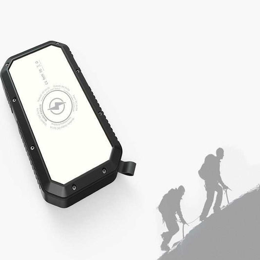 Wireless solar powerbank with torch and multiple USB ports for phone charging and outdoor use