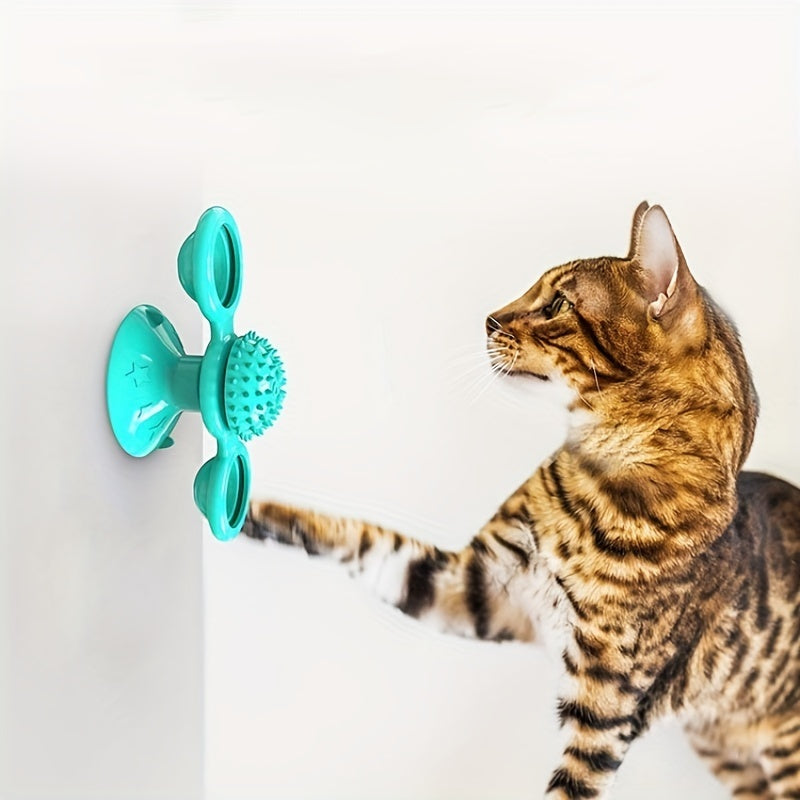 New Windmill Cat Toys Cute Rotating Interactive Cat Toy - Indoor Windmill Cat Toy With Suction Cup Catnip & Jagged Teeth Middle Ball, Smart Kitten Rotating Spinner Exercise Toy, Toothbrush & Massager - The Peppermint Room