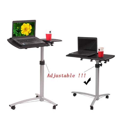 Adjustable black home multifunctional lifting computer desk with wheels and laptop tray.