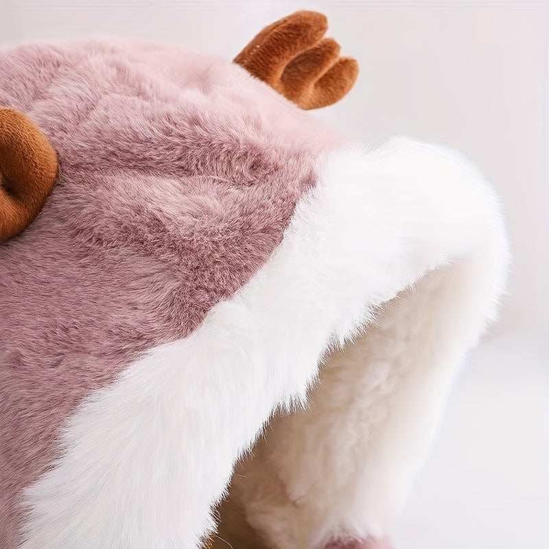 Cute deer hat for girls with plush fleece, thickened warm design, fluffy antlers, and soft scarf for winter warmth