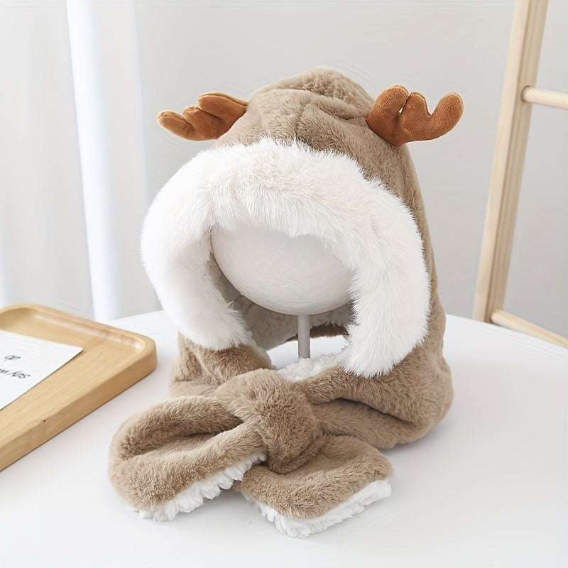 Cute deer hat with plush rabbit ears and antlers, warm fleece lining, and attached scarf for children winter wear