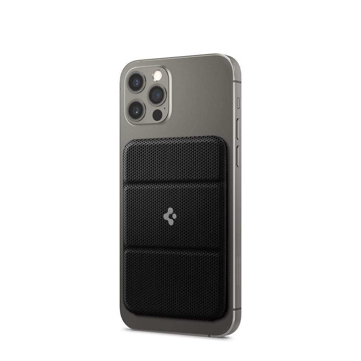 Magnetic Card Holder attached to iPhone back in black color, simple style mobile phone accessory