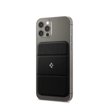 Magnetic Card Holder attached to iPhone back in black color, simple style mobile phone accessory