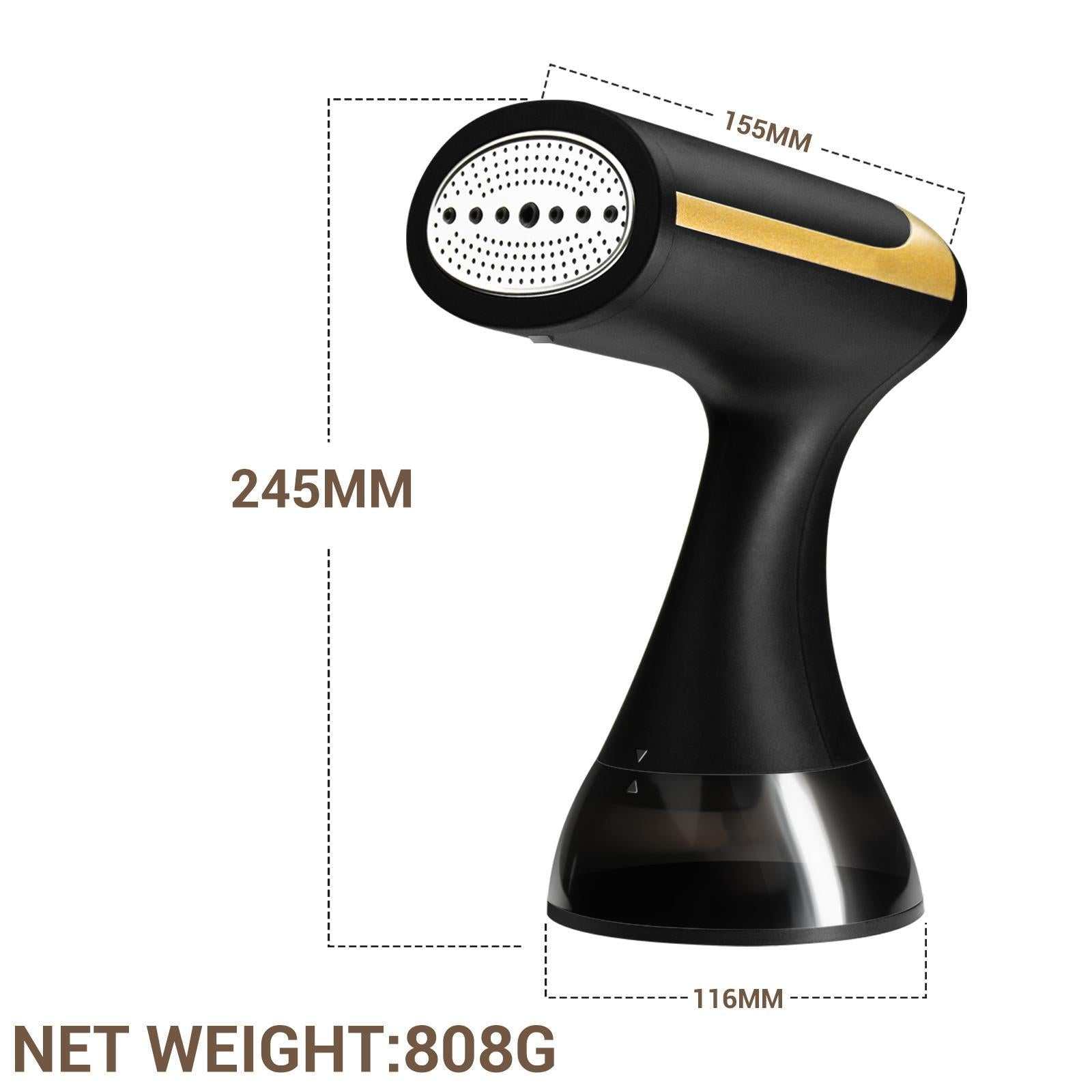 Compact black and gold clothes steamer with ergonomic design and 300ml water tank for home and travel use