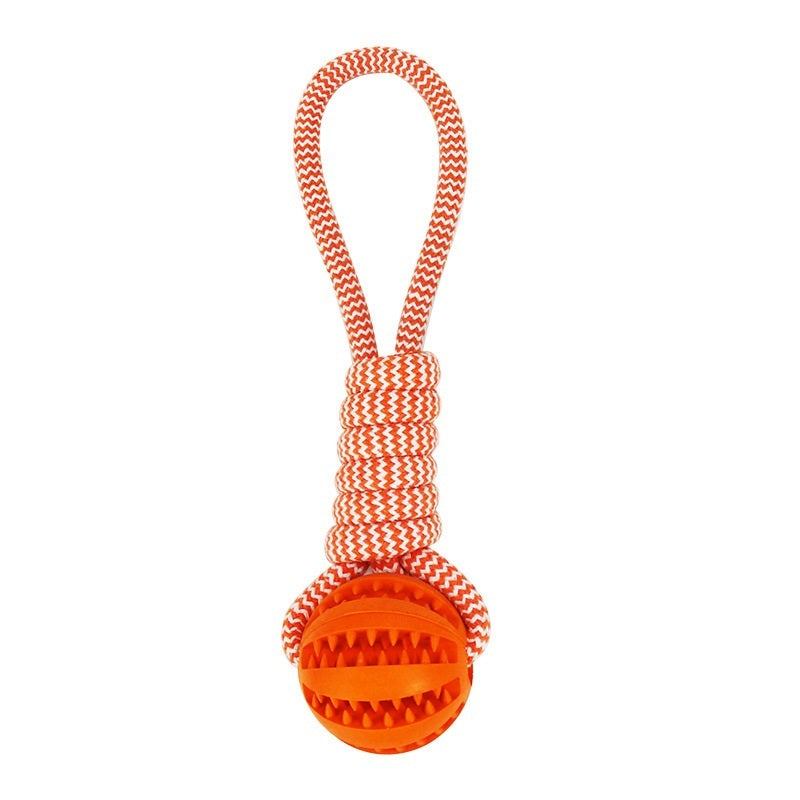 Orange chew-resistant dog toy ball with white and orange hemp rope for interactive play and dental health