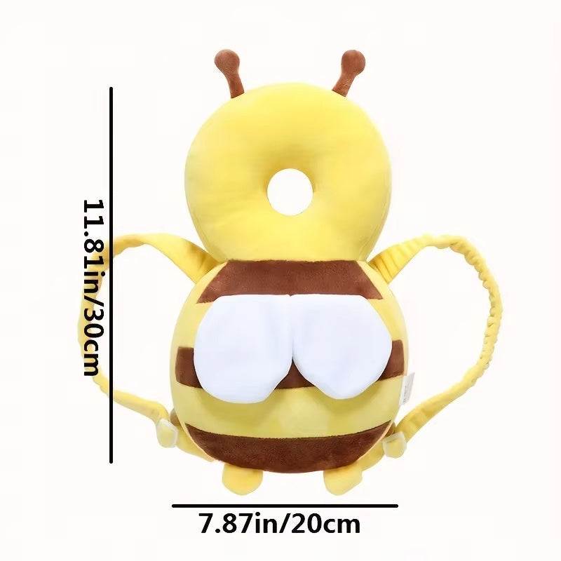 Yellow bee-shaped baby head back protector pillow with adjustable straps for toddler safety and fall prevention