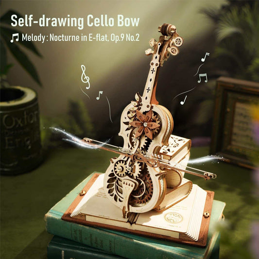 Robotime ROKR Magic Cello 3D wooden puzzle music box with self-playing bow and intricate gear design on vintage book base