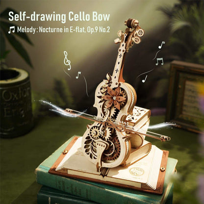Robotime ROKR Magic Cello wooden 3D puzzle music box with self-playing bow and intricate gear design