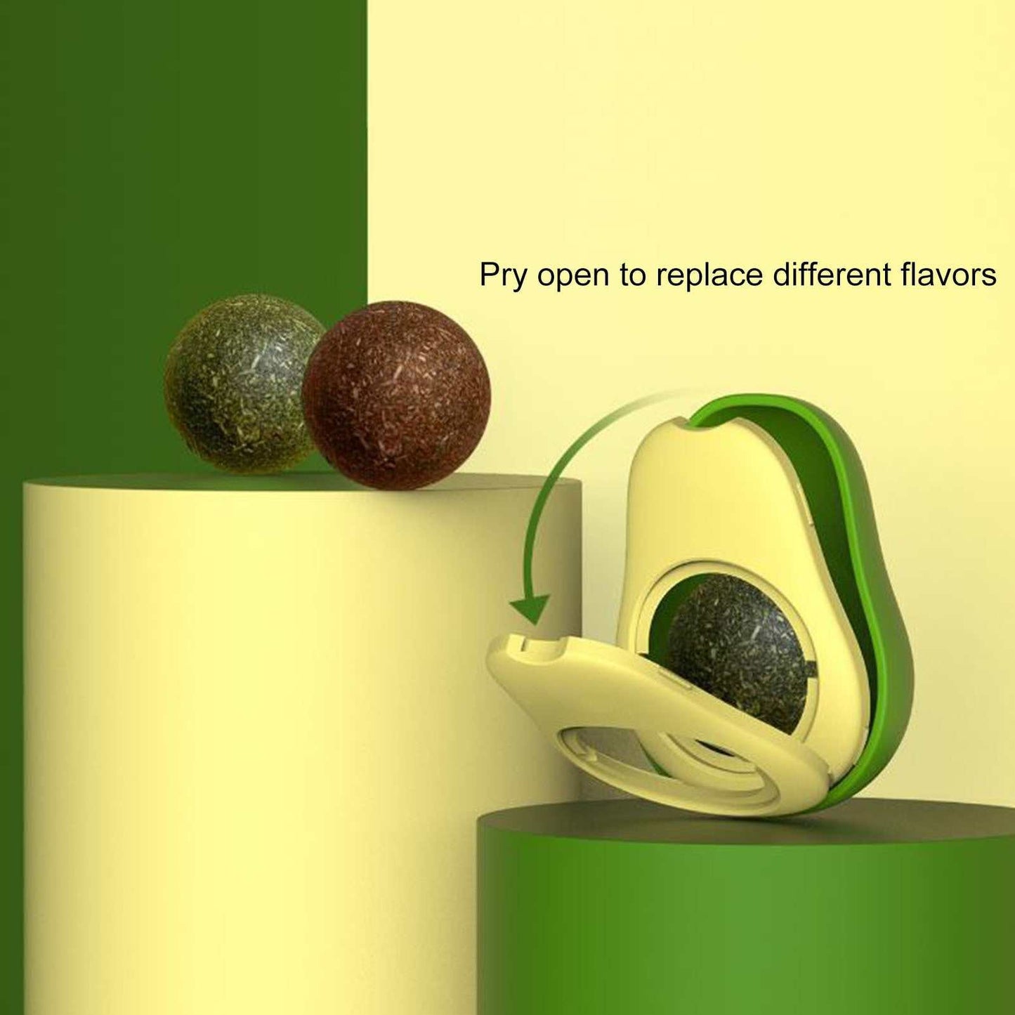 Avocado catnip toy with replaceable silvervine balls for cat teeth cleaning and interactive play