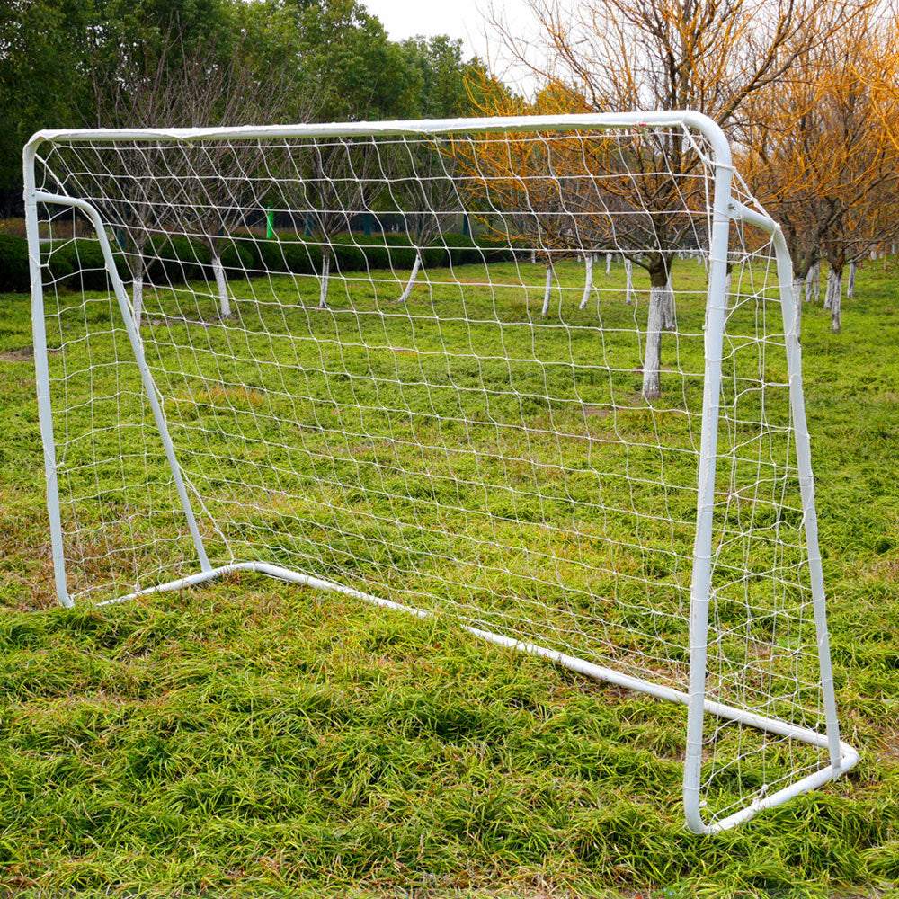 8' x 5' portable soccer goal with powder-coated steel frame and nylon net on grass field