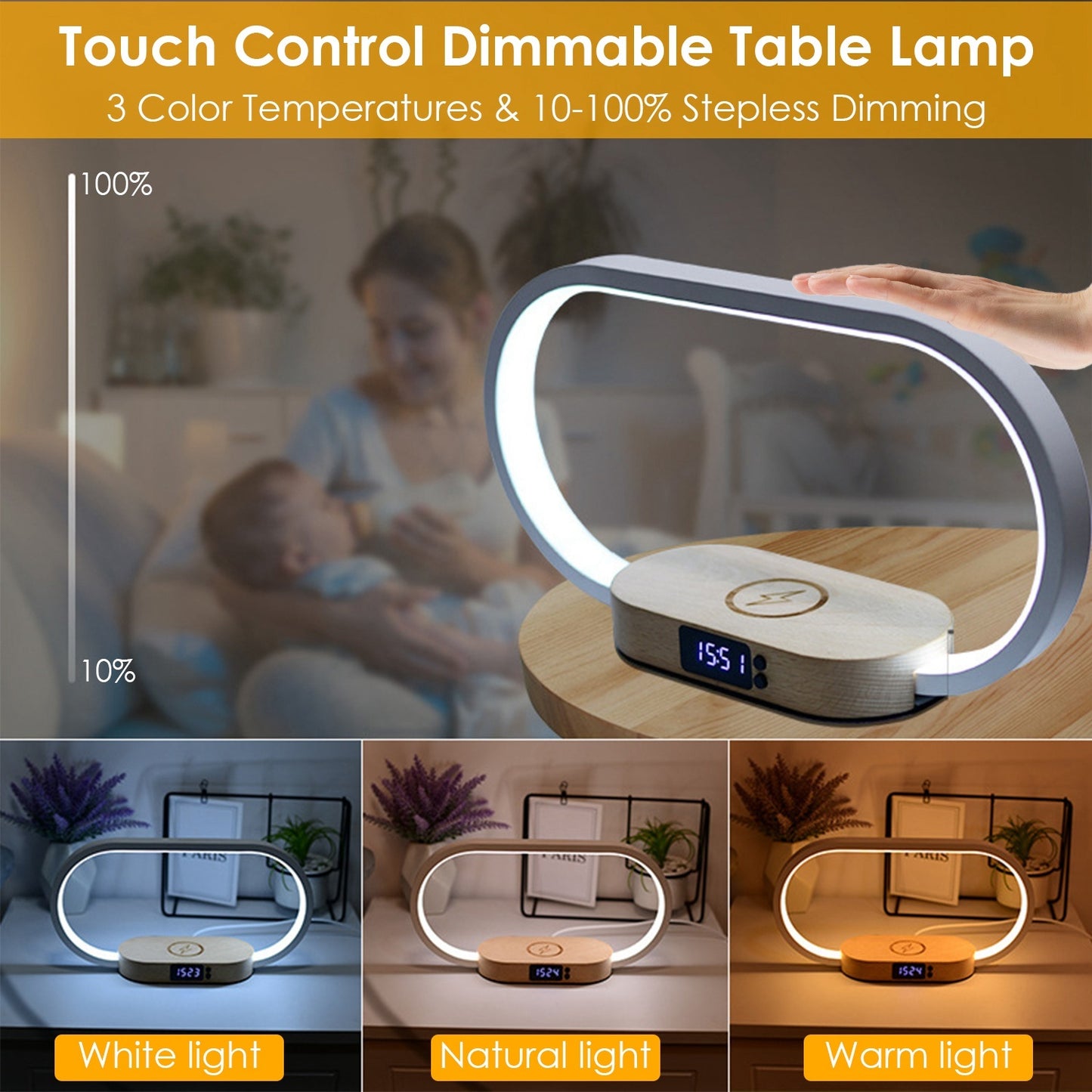 1 Set Bedside Table Lamp Touch Control Lamp With Clock Wireless Charging LED Desk Lamp Dimmable Nightstand Reading Lamp - The Peppermint Room