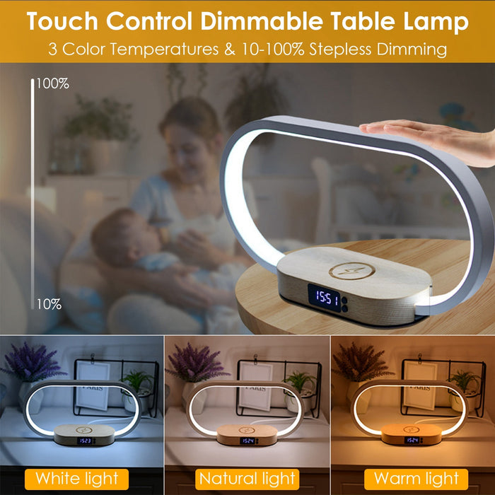 1 Set Bedside Table Lamp Touch Control Lamp With Clock Wireless Charging LED Desk Lamp Dimmable Nightstand Reading Lamp - The Peppermint Room