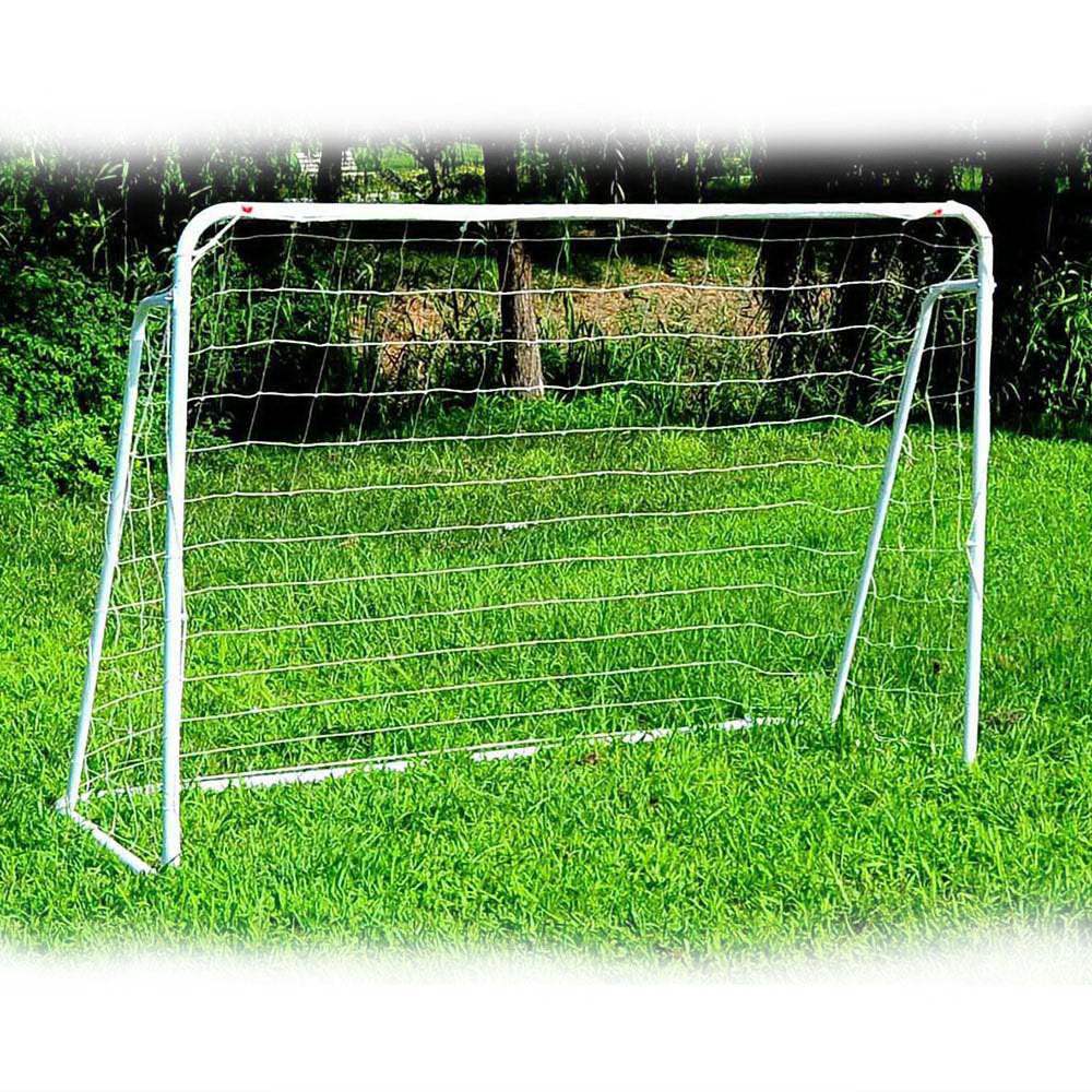 8' x 5' soccer goal with powder-coated steel frame and nylon net on grass field