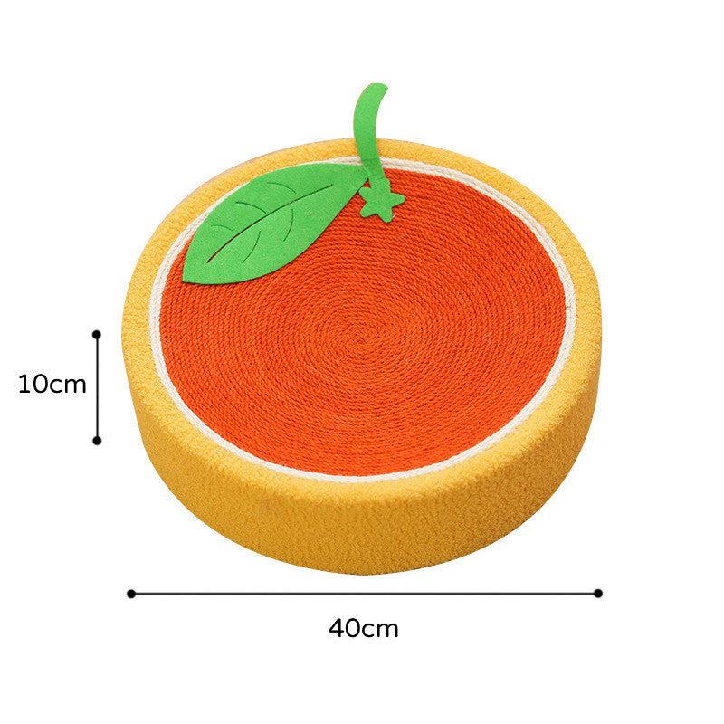 Round orange cat scratch board with sisal surface and green leaf decoration, 40cm diameter and 10cm height
