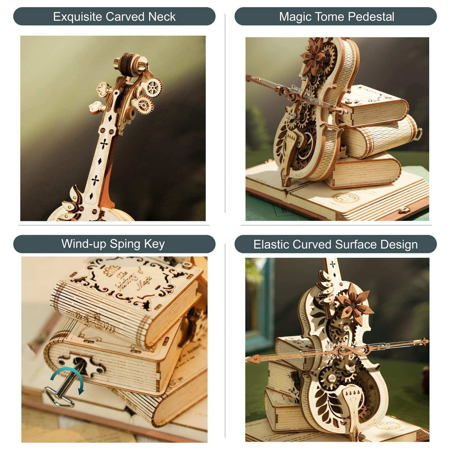Robotime ROKR Magic Cello 3D wooden puzzle music box with wind-up mechanism and intricate carved details